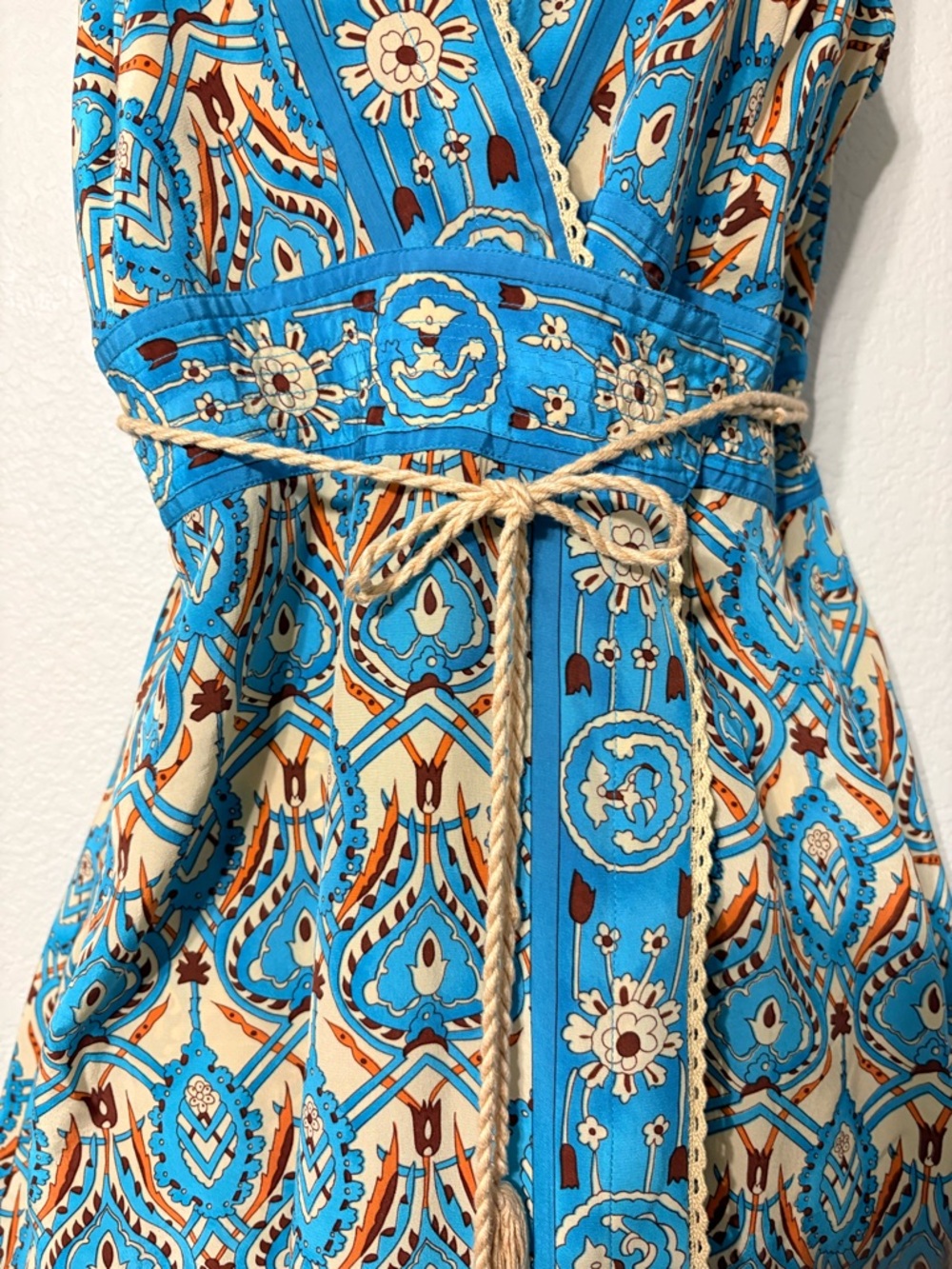Plenty by Tracy Reese  Silk Turquoise Printed V-Neck Midi Wrap Dress w Rope Tie - Picture 4 of 15